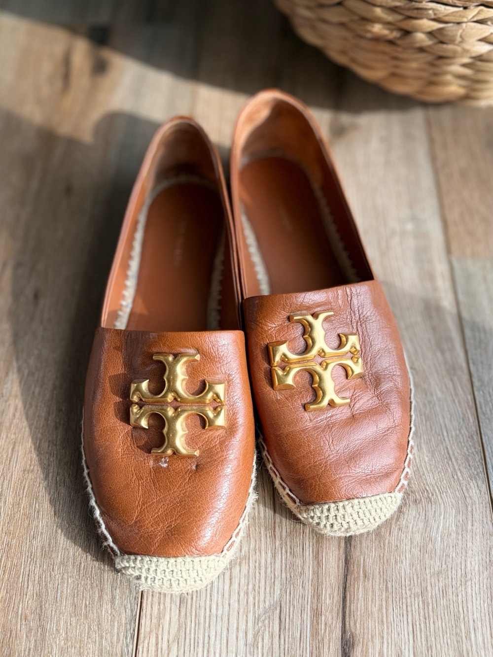 Tory Burch Cognac Leather Espadrille Flats with Gold Logo